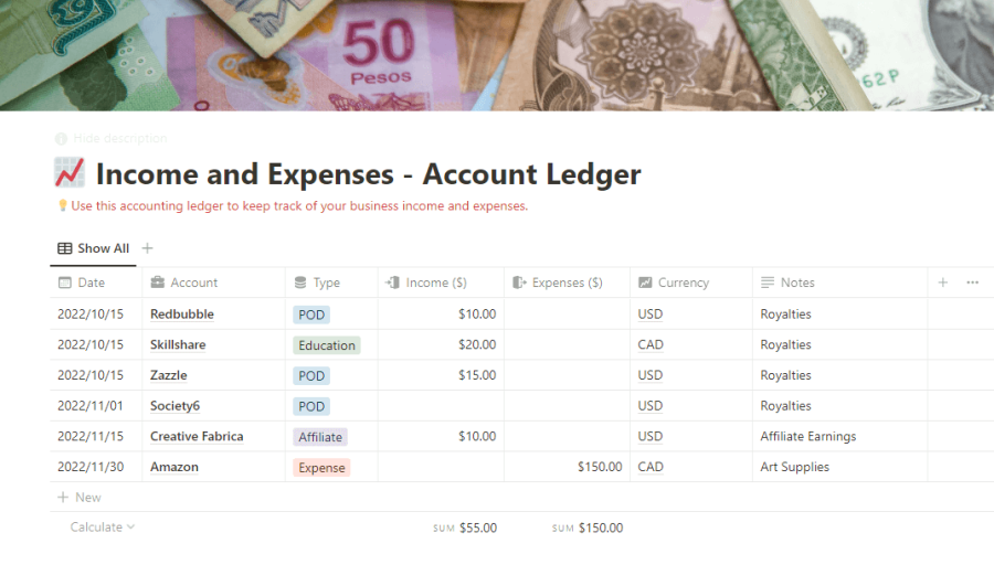 art business notion template accounting ledger