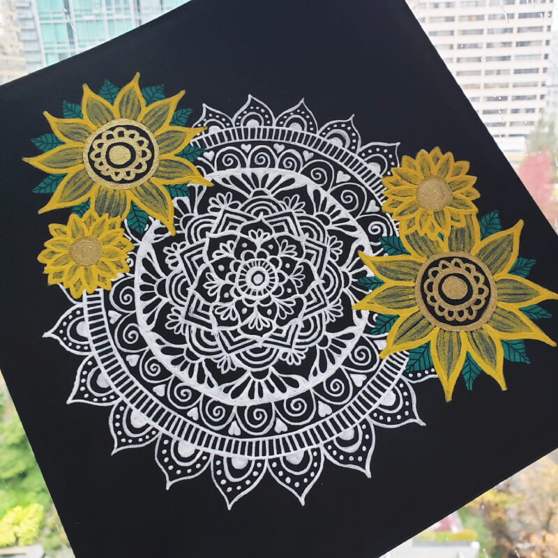 black paper sketchbook sunflower mandala