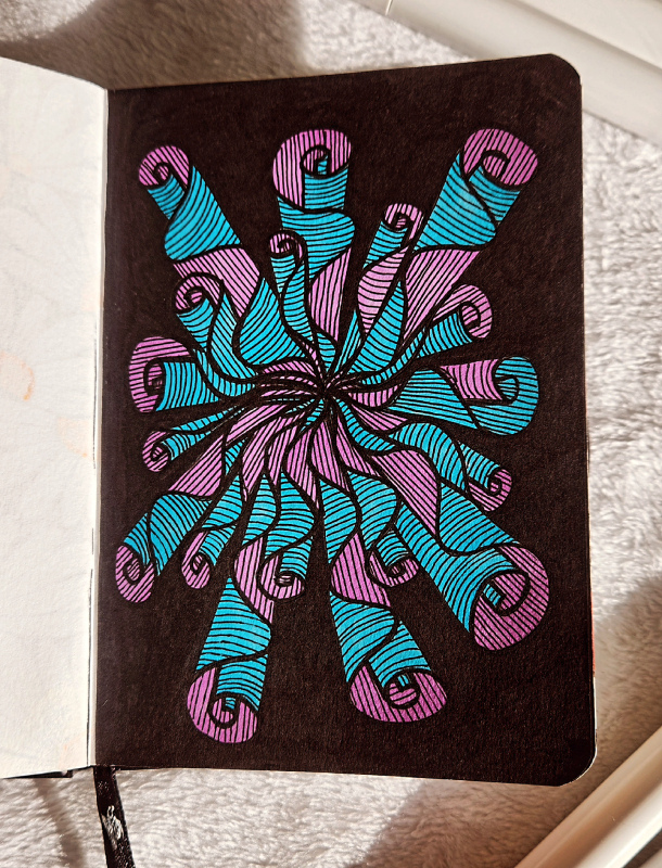 Blue and Purple Radial Burst zentangle art