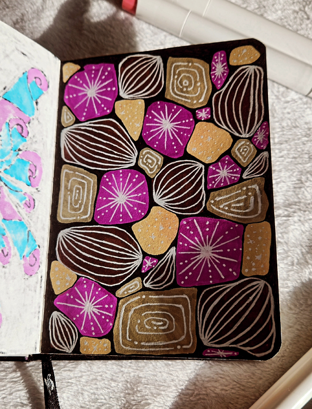 Organic Zen Pebble Doodle in purple, beige and brown