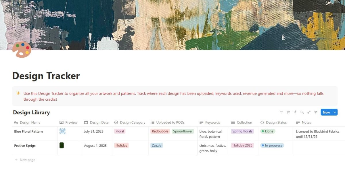 artist notion design tracker template