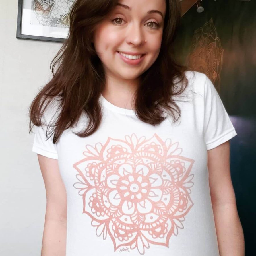 brunette girl selfie pink mandala design