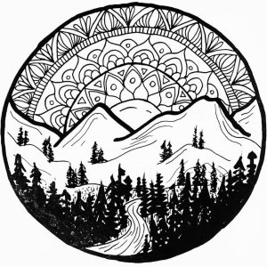 black and white mountain scene mandala drawing