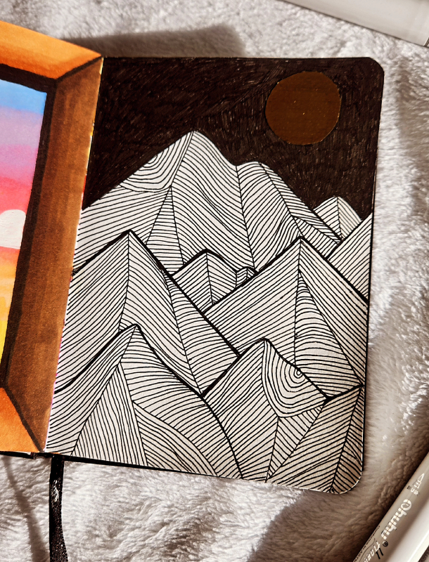 Mountain Linework Doodle Art in a sketchbook