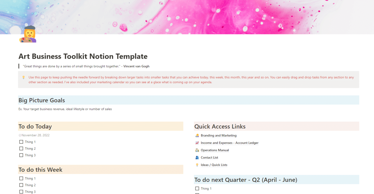 art business toolkit notion
