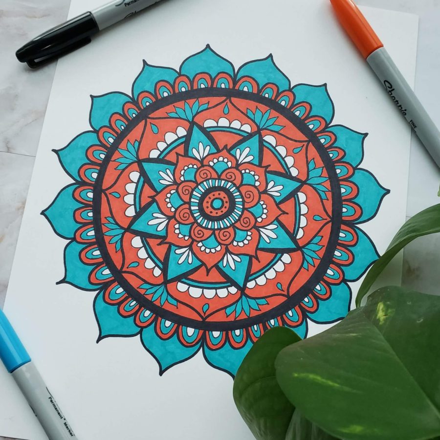 red and blue mandala drawing