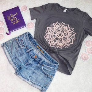 rose gold mandala t-shirt and cute outfit flatlay