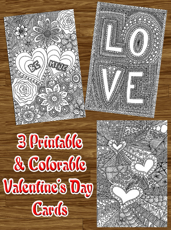 printable color-able zentangle inspired valentine's day cards